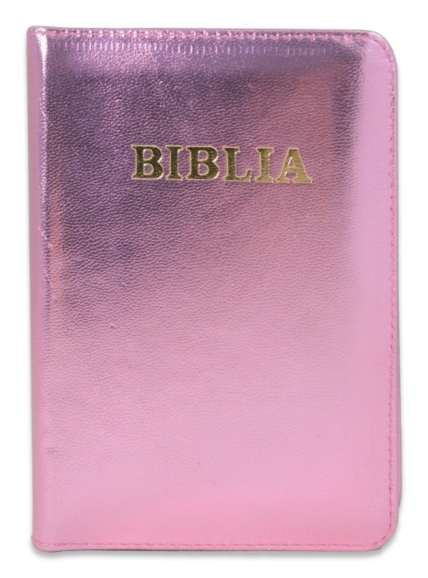 Biblia format mic, din piele, culoare roz sidefat, index, fermoar, margini argintii, cuv. lui Isus in rosu
