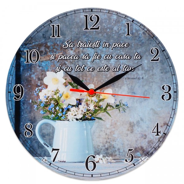Ceas perete rotund cu mesaj creștin (30 cm) - "Să trăiești în pace..."