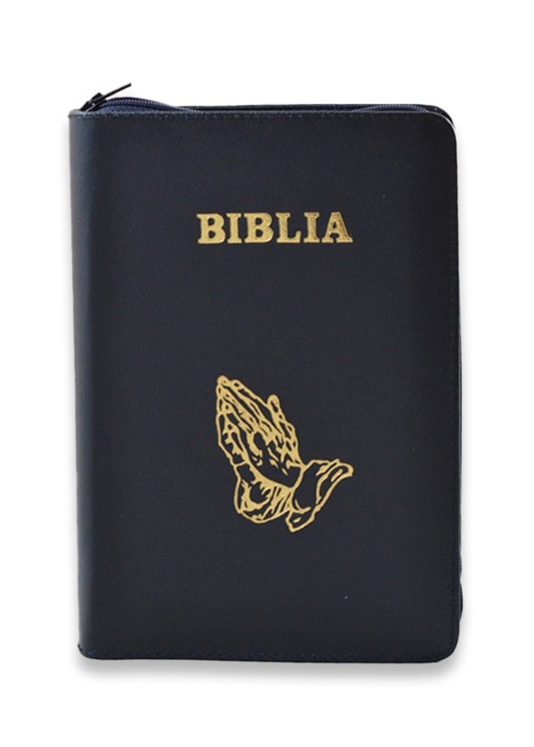 Biblie din piele, marime medie,bleumarin, fermoar, index,simbol maini in ruga margini aurii, cuv. lui Isus cu rosu