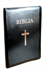Biblie mare, piele ecologica, neagra, fermoar, index, margini aurii, cu cruce,cuv. Isus cu rosu [SI 073 FI]