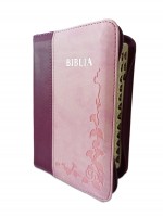 Biblie marime mica, din piele ecologica, culoare mov | roz, fermoar, index, margini argintate, cuv. Isus rosu [SI 046 ZTI]