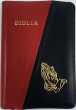Biblia mica, coperta piele, culoare, roșu cu negru, index, fermoar, margini aurii, simbolul maini, cuv. lui Isus in rosu [047 PFI]