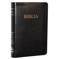 Biblia din piele, marime medie, neagra, fara fermoar, margini aurii, cuv. lui Isus in rosu [052 P]