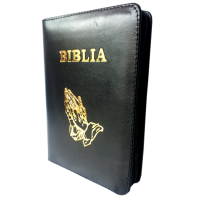 Biblia din piele, marime medie, negru, fermoar, cu maini, cuv. lui Isus cu rosu [053]