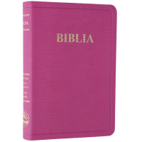 Biblia din piele, marime medie, roz, fara fermoar, margini aurii, cuv. lui Isus in rosu [052 P]