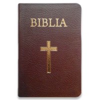 Biblia medie, din piele, visinie, margini aurii, index, cu cruce [053 PI]