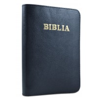 Biblie mare, piele, bleumarin inchis, fermoar, index, margini argintii, cuv. Isus cu rosu [SI 073 PFI]