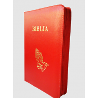 Biblie din piele, marime medie, culoare rosie, simbol maini in rugaciune, fermoar, index, margini aurii, [SB 057 PFI]