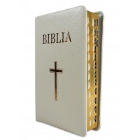 Biblie din piele alba, medie, cu index pe lateral, margini aurii, cu cruce [053 PI]