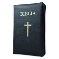 Biblia marime medie, din piele, neagra, fermoar, index, margini aurii, cu cruce [063 PFI]