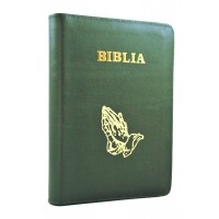 Biblia din piele, marime medie, verde inchis, fermoar, cu maini [053]