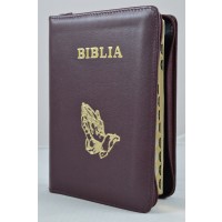 Biblie din piele, marime medie, culoare visiniu simbol maini in rugaciune, fermoar, index, margini aurii, cuv. lui Isus cu rosu [SB 057 PFI]