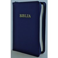 Biblia din piele, marime medie, albastru indigo, fermoar, cuv. lui Isus cu rosu [053]
