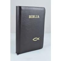 Biblie din piele, marime medie, neagra, fermoar, index, margini aurii, simbol peste, cuv. lui Isus cu rosu [SB 057 PFI]