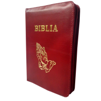 Biblie din piele, marime medie, culoare, roșu închis, simbol maini in rugaciune, fermoar, index, margini aurii, cuv. lui Isus cu rosu [SB 057 PFI]