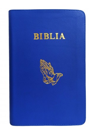 Biblie mare, piele, albastra, fermoar, index, margini argintii, simbol maini in ruga, cuv. Isus cu rosu [SI 073 PFI]