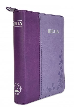 Biblie mica, piele ecologica, nuante de mov, fermoar, index, margini argintate, cuv. lui Isus cu rosu [SI 046 ZTI]