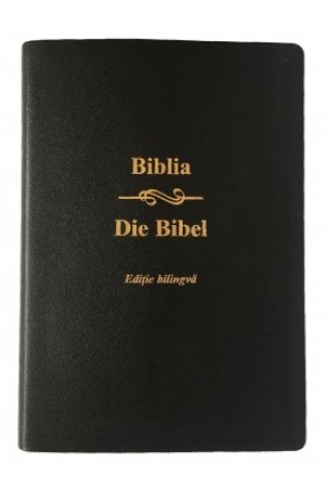 Biblia bilingva romana - germana, mare, piele, neagra, aurita