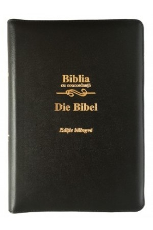 Biblia bilingva romana - germana, cu concordanta, mare, piele, neagra, aurita, fermoar