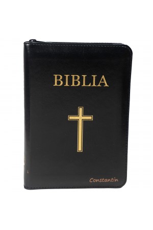 Biblie personalizată cu numele Constantin - Biblie marime mica, din piele ecologica, culoare neagra, fermoar, index, margini aurii, cuv. Isus rosu [SI 046 ZTI]