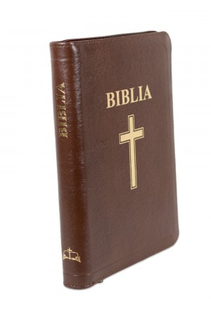 Biblia din piele, marime medie, maro, fermoar, index, margini aurii, hărți biblice, cuv. lui Isus în roșu [057 ZTI]
