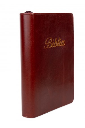 Biblia marime medie, visiniu, piele, fermoar, margini aurii, index, cuv. lui Isus cu rosu + pix [MAR 057 PFI]