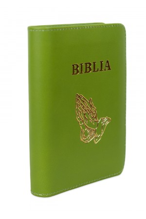 Biblia mica, coperta piele, verde oliv, index, fermoar, margini aurii, simbolul maini, cuv. lui Isus in rosu [047 PFI]