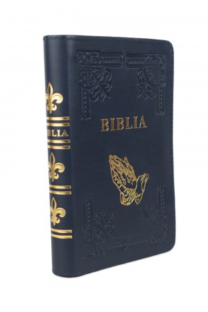 Biblia din piele, handmade, marime medie, culoare bleumarin închis, fermoar, simbol maini in rugaciune, margini aurii cu index, cuv. lui Isus cu rosu [057 HM]