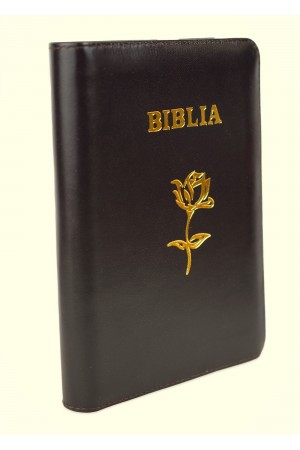 Biblia mica, coperta piele, maro, index, fermoar, margini aurii, simbol floral, cuv. lui Isus in rosu [047 PFI]