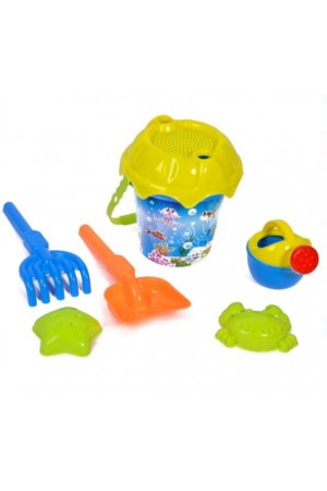 Set jucarii pentru nisip - Galeata, albastra + 5 accesorii - Animale marine (16x18cm)