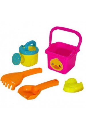 Set jucarii pentru nisip - Galeata, roz + 4 accesorii - Rata (9x9x9cm)