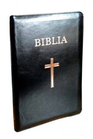 Biblie mare, piele ecologica, neagra, fermoar, index, margini aurii, cu cruce,cuv. Isus cu rosu [SI 073 FI]