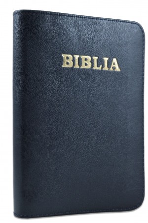 Biblie mare, piele, bleumarin inchis, fermoar, index, margini argintii, cuv. Isus cu rosu [SI 073 PFI]