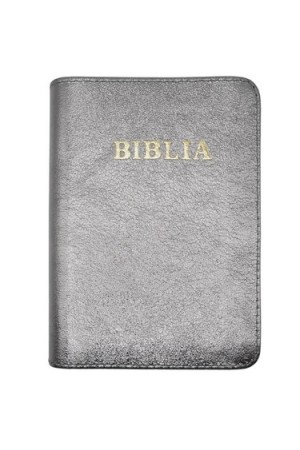 Biblia mica, coperta piele, culoare, argintiu sidefat, index, fermoar, margini aurii, cuv. lui Isus in rosu [047 PFI]