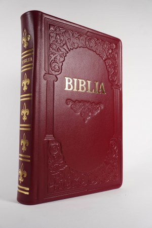 Biblie mare, piele, handmade, vișiniu, index, margini aurii,  cuv. Isus cu rosu [SI 076 HM]