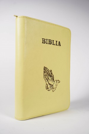 Biblia mica, coperta piele, culoare, galben, index, fermoar, margini aurii,  simbolul maini, cuv. lui Isus in rosu [047 PFI]