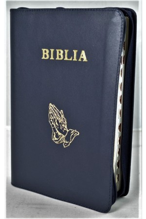 Biblie mare, piele, bleumarin inchis, fermoar, index, margini argintii, simbol maini in ruga, cuv. Isus cu rosu [SI 073 PFI]