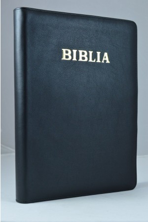 Biblia foarte mare, scris foarte mare, coperta piele, neagra, fermoar, margini albe, cuv. lui Isus cu rosu [093 PFR]