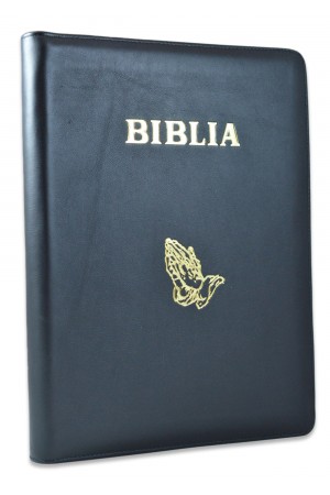 Biblia foarte mare, scris foarte mare, coperta piele, neagră, simbol maini in rugaciune, fermoar, margini albe, cuv. lui Isus cu rosu [093 PFR]