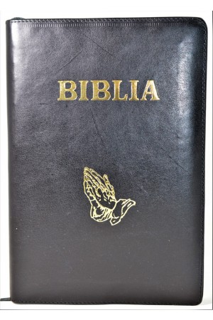 Biblia cu concordanta, foarte mare, scris mare, piele, neagra, fermoar, margini aurii, maini in ruga, cuv. lui Isus in rosu [083 PF]