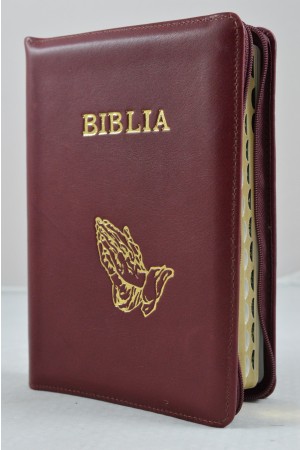 Biblie din piele, marime medie,bordo, fermoar, index,simbol maini in ruga margini aurii, cuv. lui Isus cu rosu [SB 057 PFI]