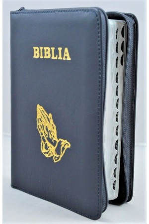 Biblie din piele, marime medie,culoare gri inchis, fermoar, index,simbol maini in ruga margini aurii, cuv. lui Isus cu rosu [SB 057 PFI]