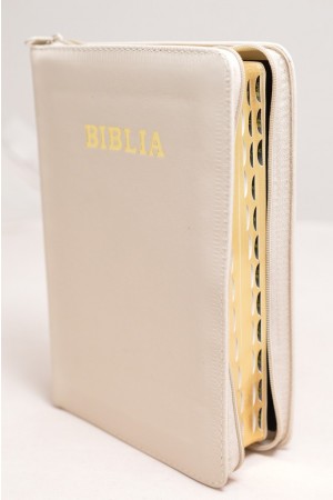 Biblie din piele, marime medie, culoare crem, simpla, fermoar, index, margini aurii, [SB 057 PFI]