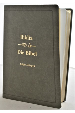 Biblia bilingva romana - germana, mare, piele ecologica, nuanta gri, aurita