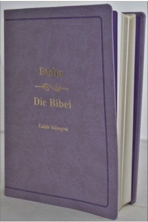 Biblia bilingva romana - germana, mare, piele ecologica, lila, aurita