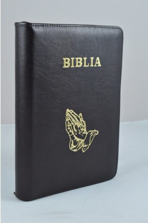 Biblie din piele, marime medie, neagra, simbol maini in rugaciune, fermoar, index, margini aurii, cuv. lui Isus cu rosu [SB 057 PFI]