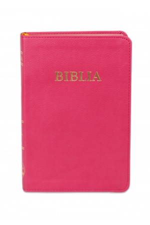 Biblia din piele, marime medie, roz, fara fermoar, index pe cotor, margini aurii, cuv. lui Isus in rosu [057 TI]