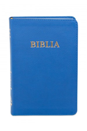 Biblia din piele, marime medie, albastra, fara fermoar, index pe cotor, margini aurii, cuv. lui Isus in rosu [057 TI]