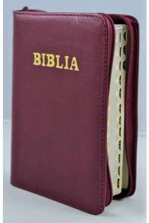 Biblia format mic, din piele, culoare visiniu, index, fermoar, margini aurii, cuv. lui Isus in rosu [047 PFI]