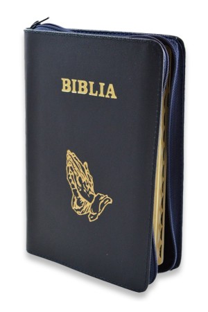 Biblie din piele, marime medie, bleumarin, fermoar, index,simbol maini in ruga margini aurii, cuv. lui Isus cu rosu [SB 057 PFI]